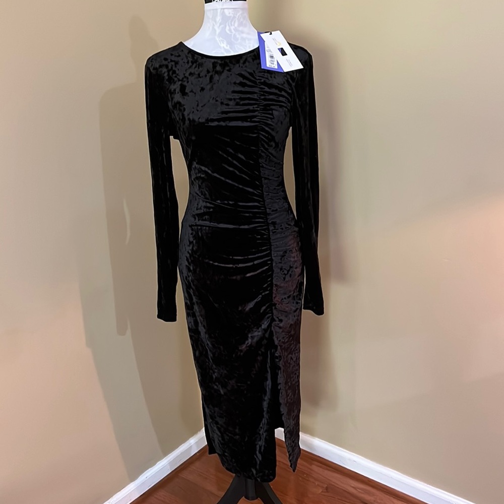 Velvet black flattering gathered front split and open back size XS